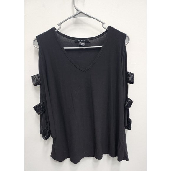 Liz McCoy Tops - Liz McCoy Womens Top Size Large Black Sequined Cutout Sleeve Liquid Knit V-Neck